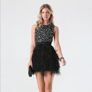 Bebe black feather and rhinestone cocktail dress